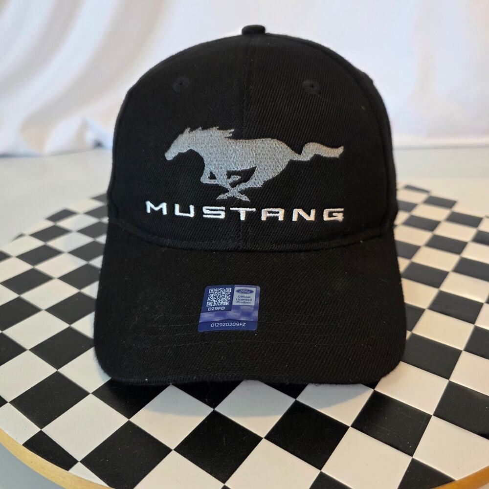 Ford Mustang Running Pony Embroidered Spellout Baseball Cap Black